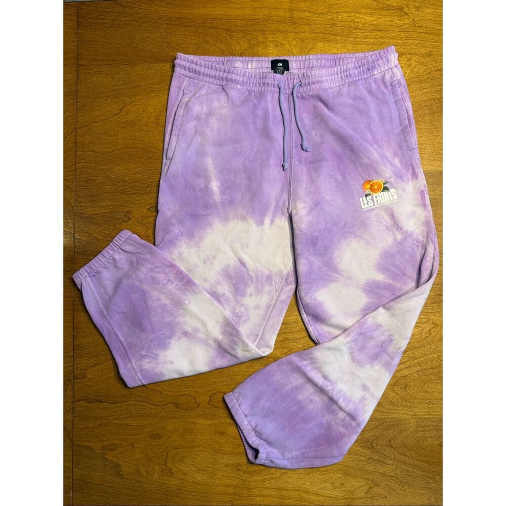 H&M Women's Tie-Dye Fleece Loose Fit Les Fruits Graphic Jogger Pants Purple XL